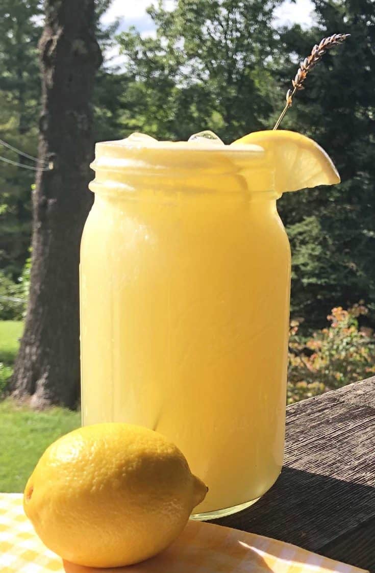 A mason jar of lemonade with a lemon slice and sprig of lavender garnish sits beside a whole lemon and a yellow checked napkin. Trees are in the background.