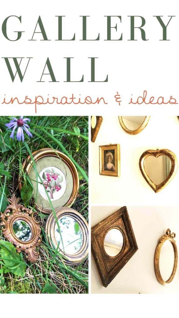 "Gallery wall inspiration and ideas" is written above three images. The vertical image on the left shows three gold frames in the grass beside a purple flower. The other two square images on the right showcase parts of a gallery wall decorated with gold mirrors and pictures.