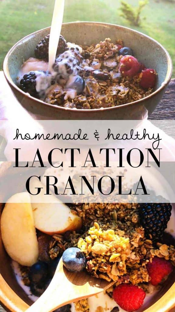 "Homemade & healthy lactation granola" is written between two photos. The first shows milk being poured on a bowl of fruit and granola outside in the sunshine. The second is a closer view of a wooden bowl filled with fruit and granola and a wooden spoon with granola and a blueberry. 