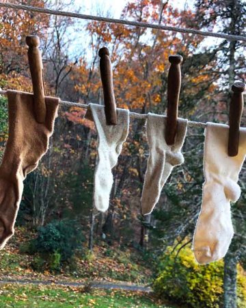 Three pairs of neutral colored baby and toddler socks are on a clothesline in autumn.