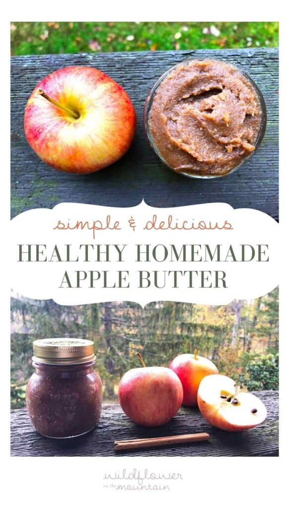 "Simple & delicious healthy homemade apple butter" is written on a graphic with two photos of apple butter outdoors with red apples.