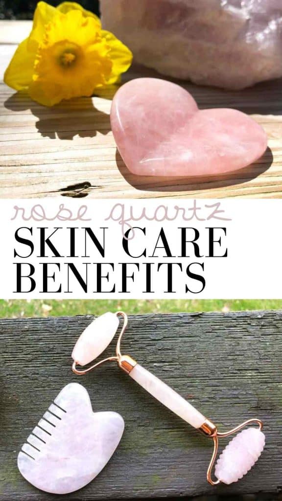 A graphic with the text "rose quartz skin care benefits" features two photos showing rose quartz gua sha tools and a face roller.