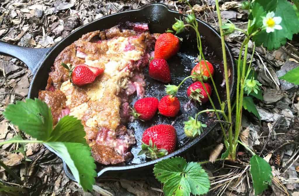 A cast iron skillet with strawberry cream cheese cobbler on one half and fresh strawberries on the other is in a strawberry patch. 