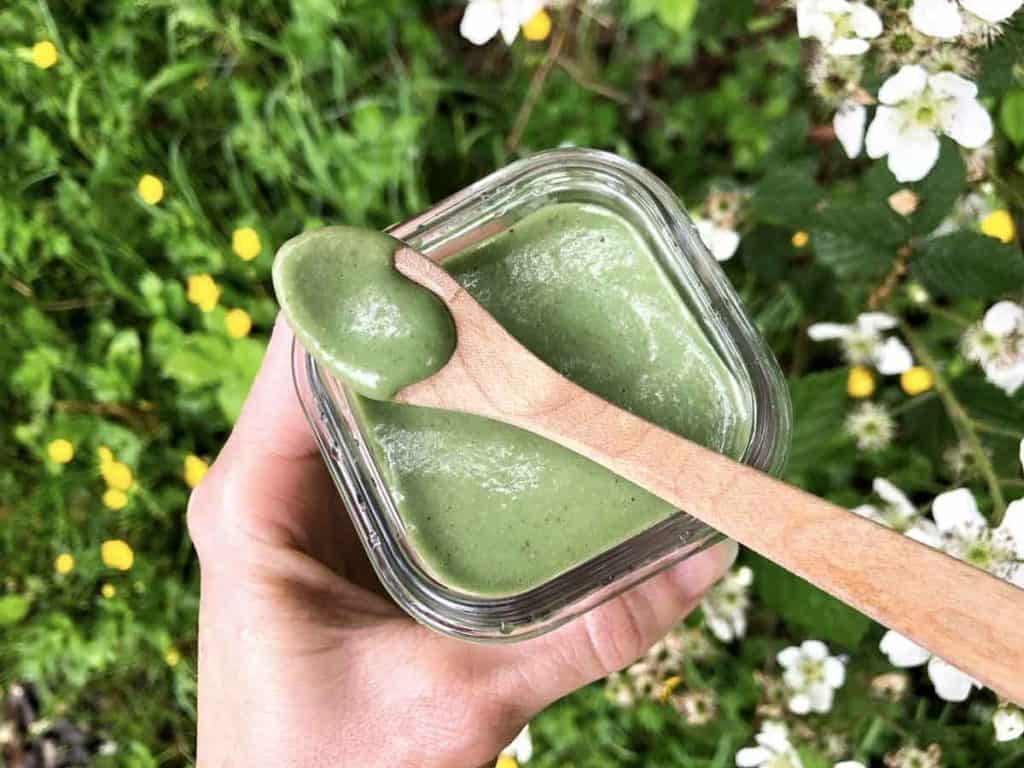 A baby food glass container is filled with green smoothie and a wooden baby spoon rests on top. Flowers are in the background.