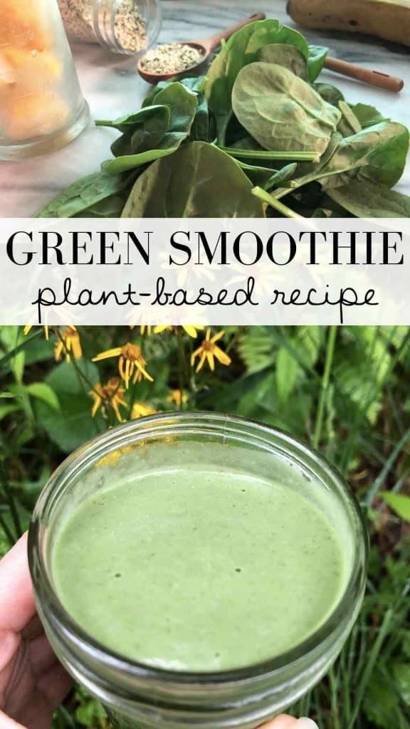 A graphic with the text "green smoothie plant-based recipe" and shows photos of the ingredients and the finished drink.