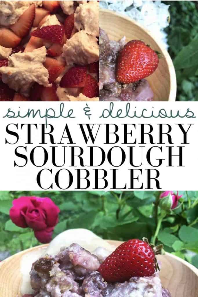 A graphic with the text "simple & delicious strawberry sourdough cobbler" shows three photos of the cobbler being made and served outdoors among flowers. 