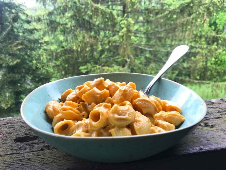 A bowl of sweet potato vegan pasta outside in front of evergreen trees.
