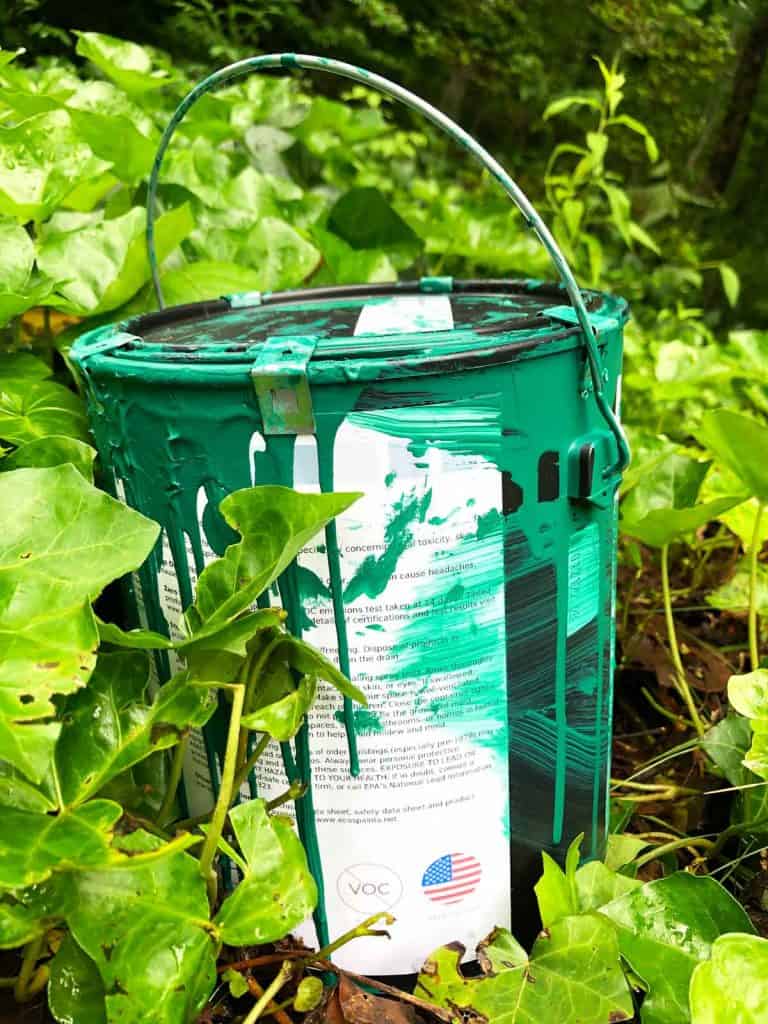 A green paint can is in ivy outdoors. 