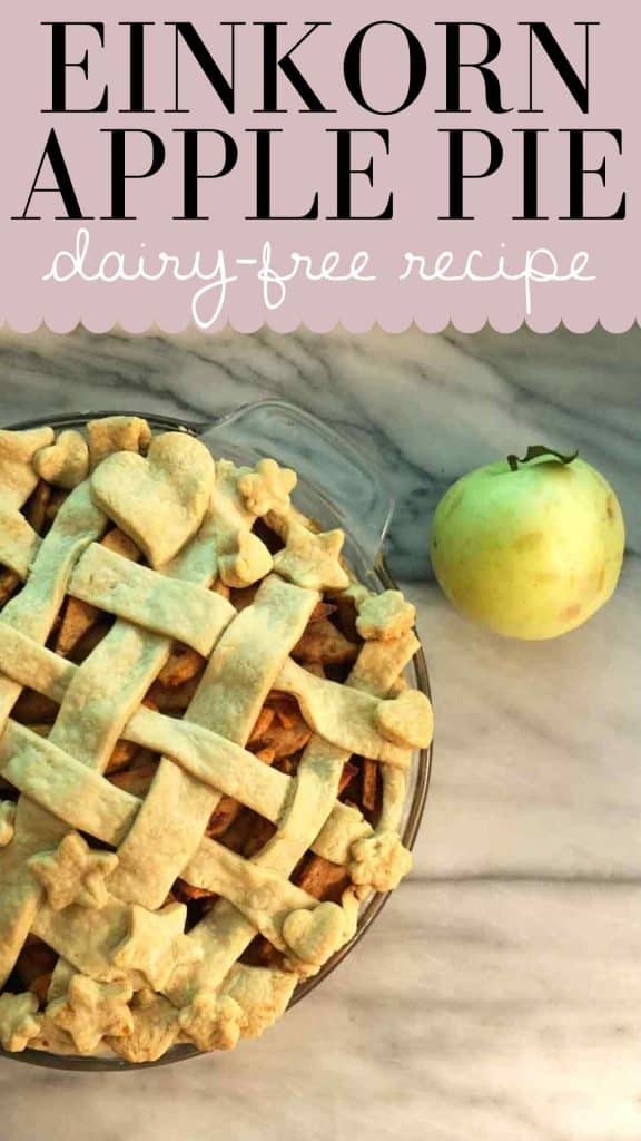A graphic with the text "einkorn apple pie dairy-free recipe" features a photo of the pie beside a green apple.